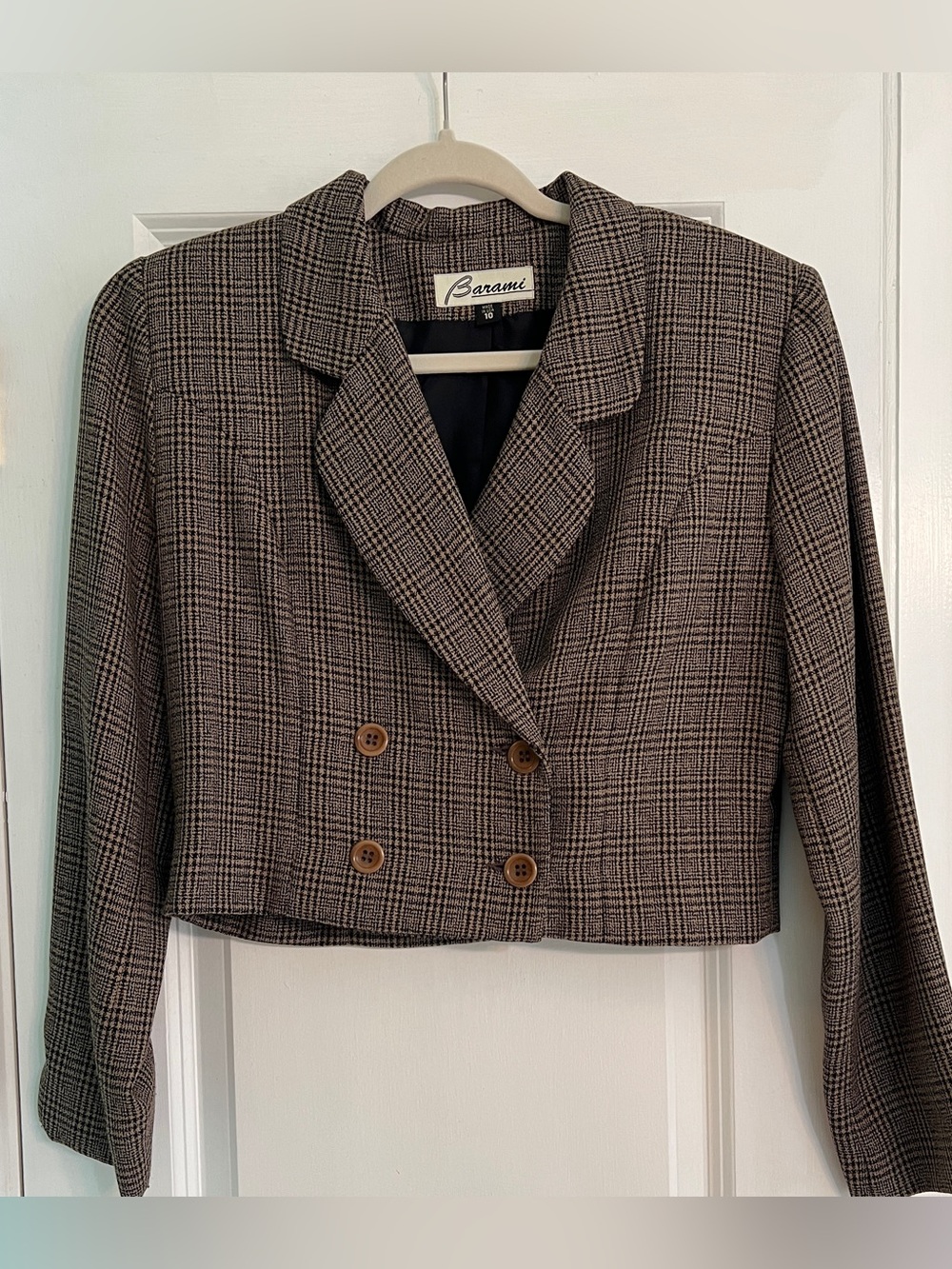 VTG 90s Barami Cropped Tweed Blazer Jacket Plaid Double Breasted USA 10